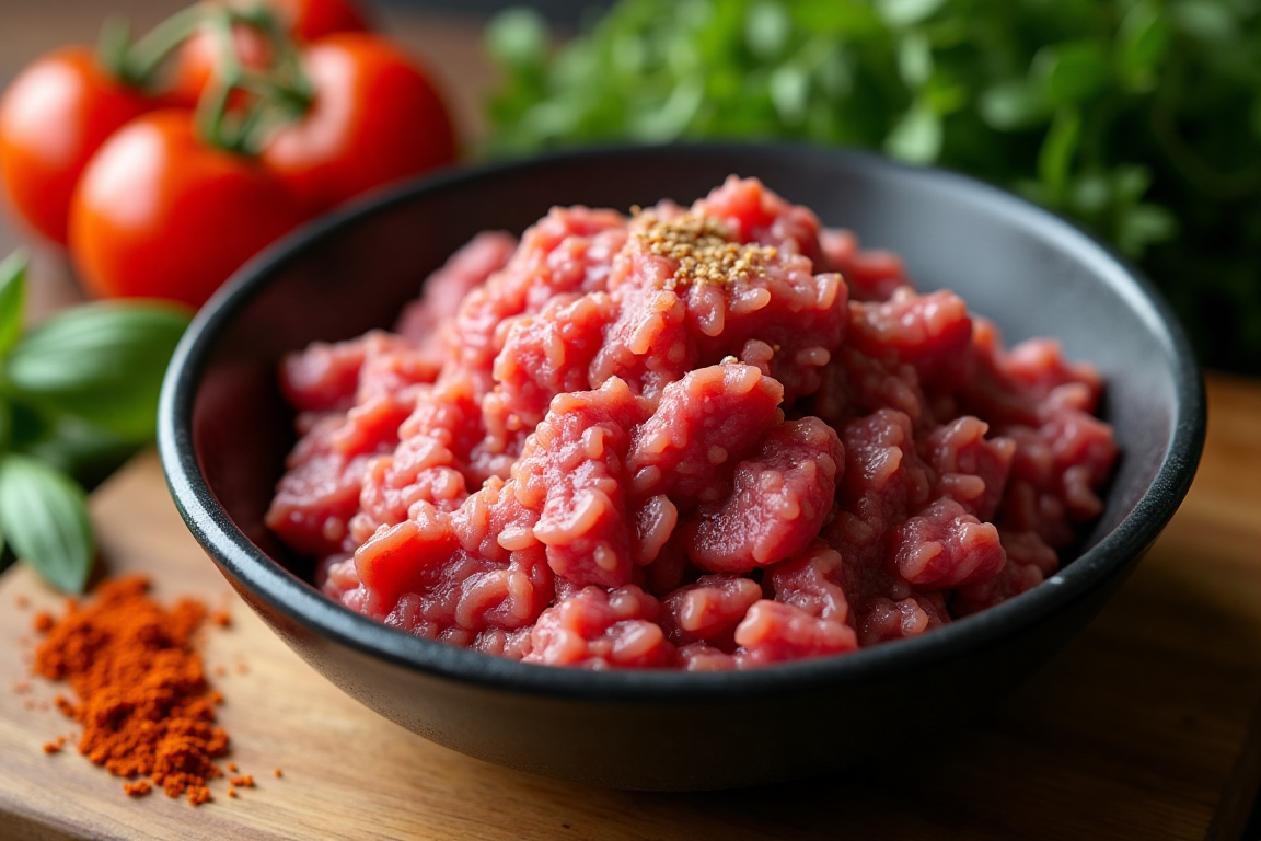 Fresh ground beef in a bowl with spices