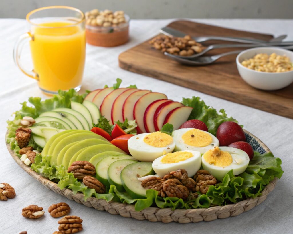 Is 2 eggs and an apple a good breakfast?  tray with fruit cup of juice and nuts