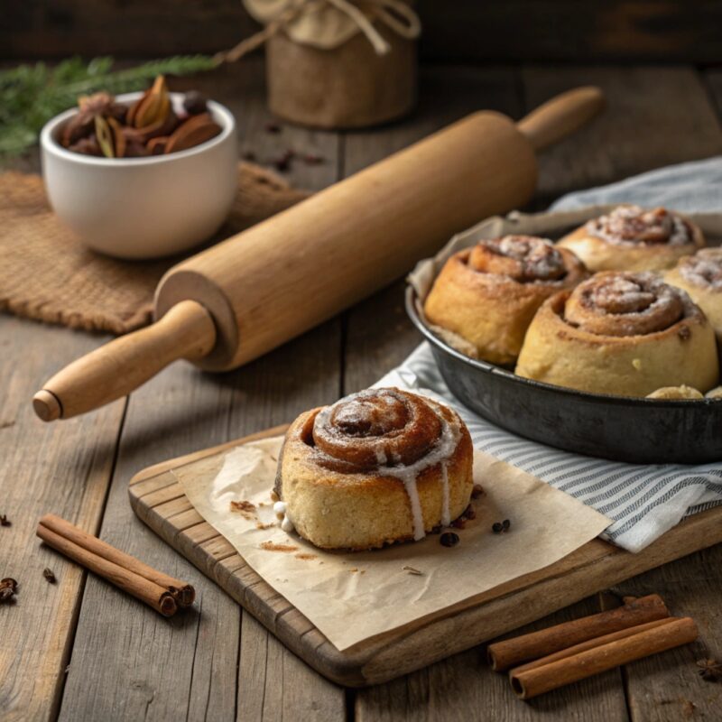 sourdough cinnamon rolls with glaze on a rustic table.