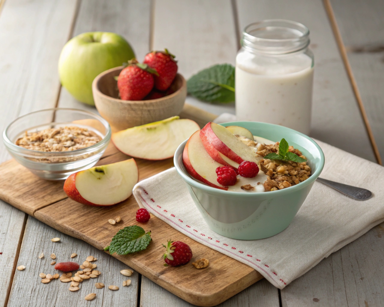 Eat an apple for breakfast, cup of milk, oatmeal on cutting board