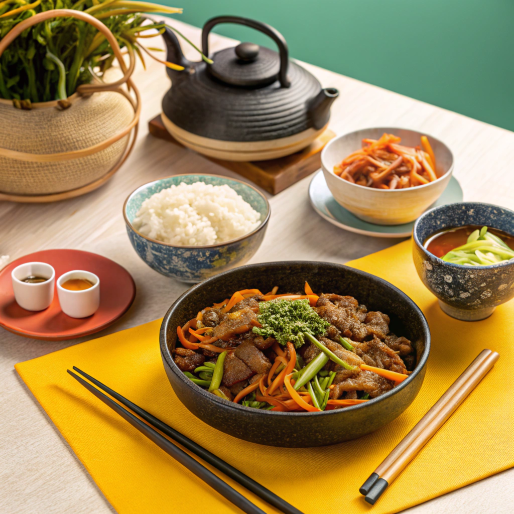 Korean table with bulgogi and banchan side dishes.