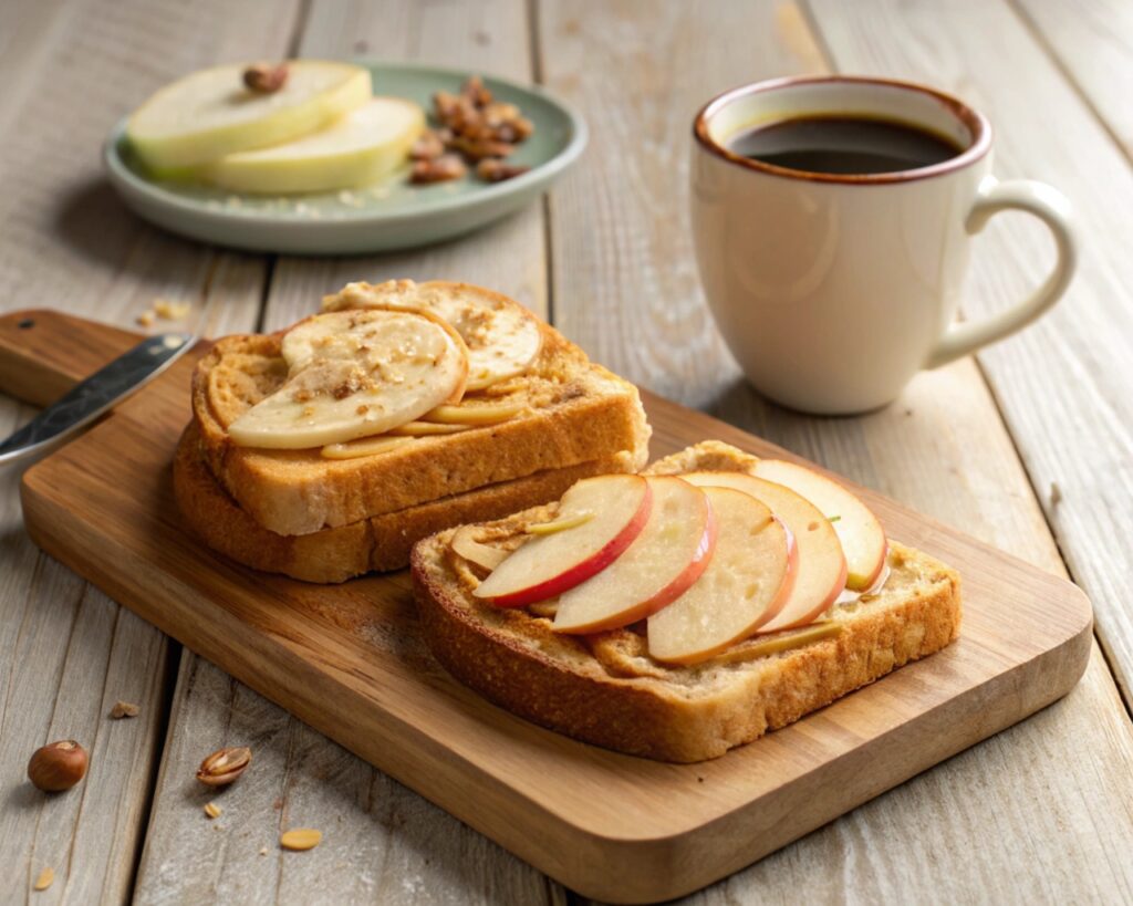 Apple for breakfast, coffee, apple slices  on peanut butter bread