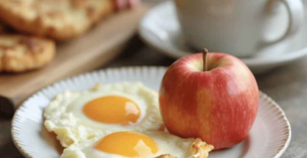 Eggs and an apple for breakfast