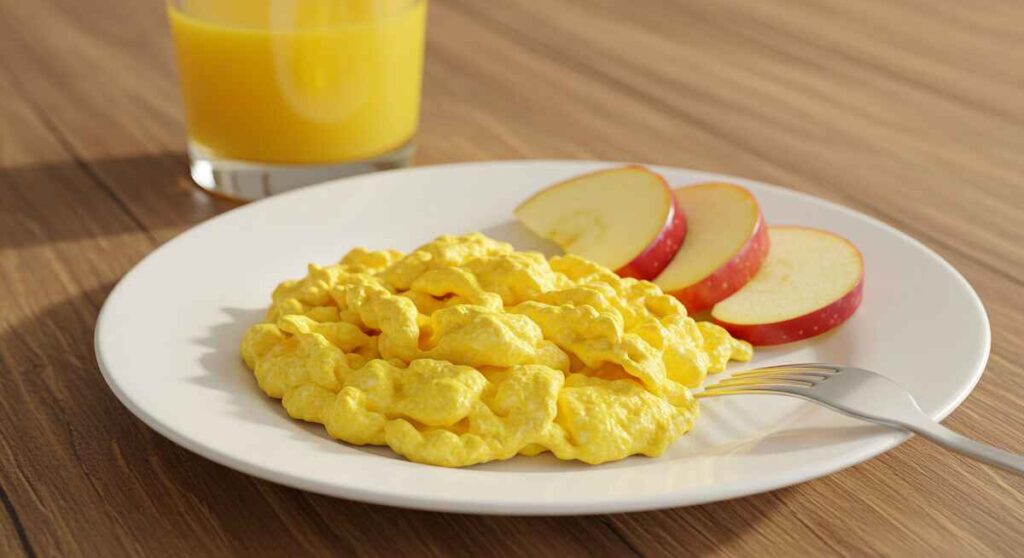 scrambled Eggs and sliced apples in white plate