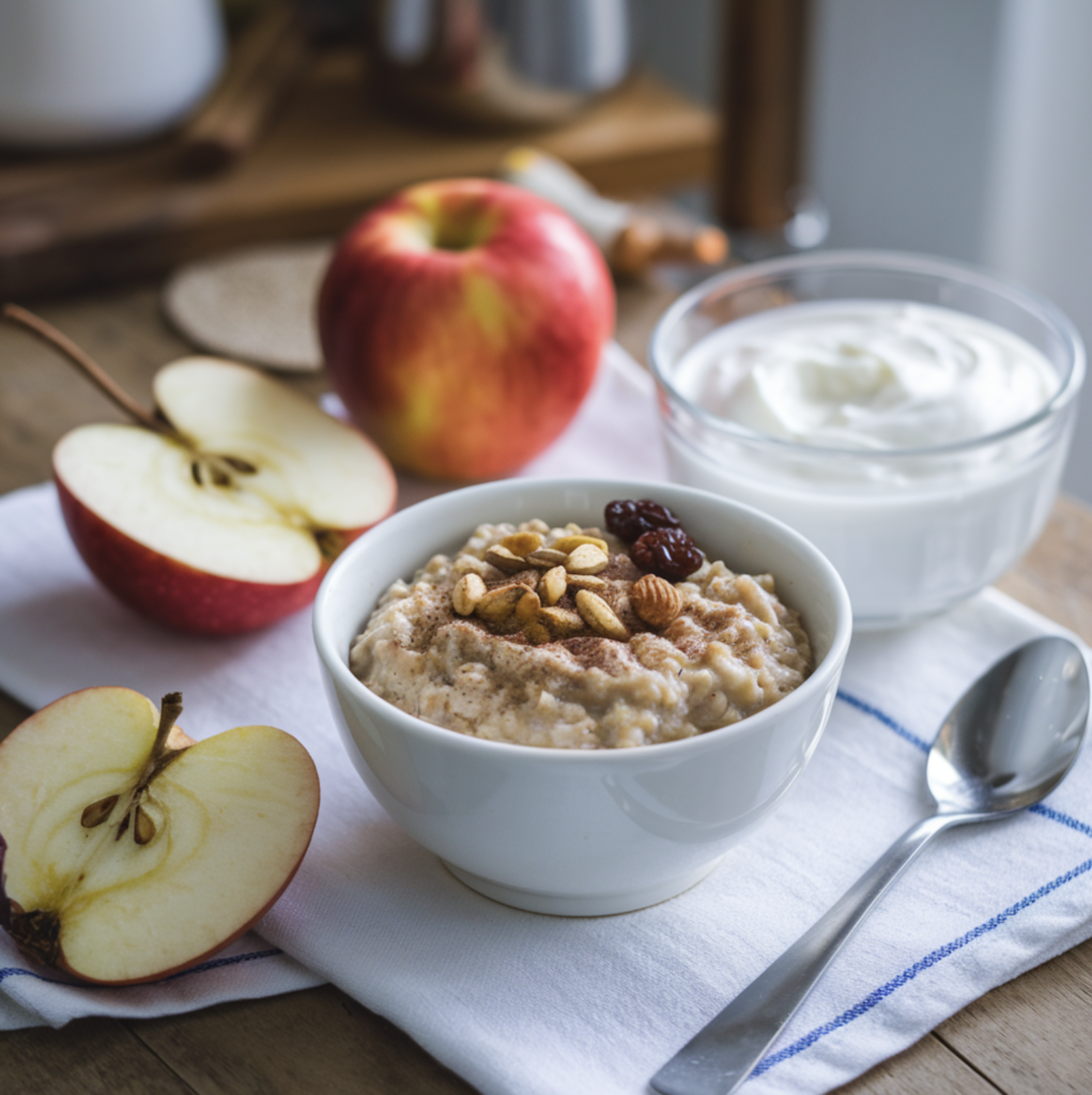 Eating an apple for breakfast, bowl of yogurt, bowl of oatmeal with reasons and almonds