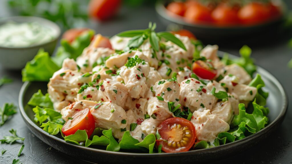 leftover chicken recipe A plate filled with fresh chicken salad topped with vibrant tomatoes and crisp lettuce leaves.