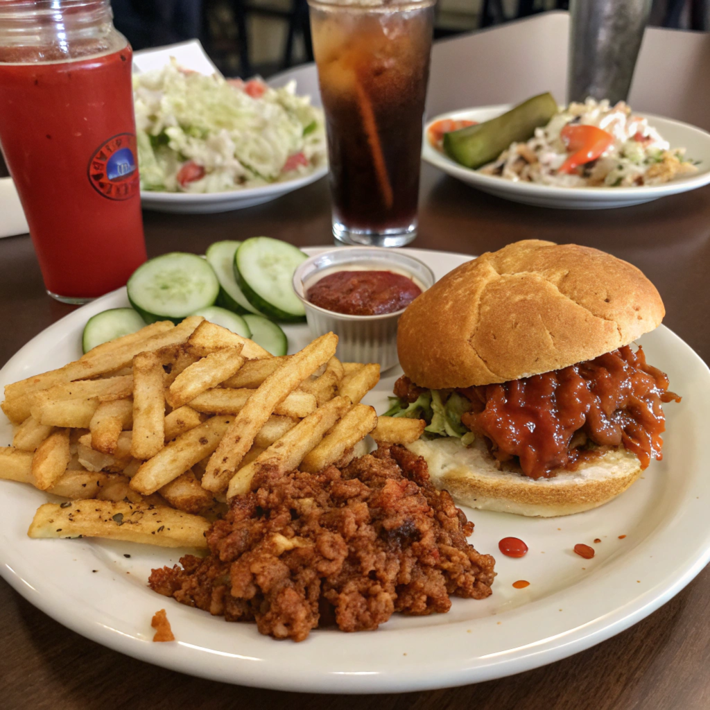 A delicious spread of side dishes for sloppy joes.1