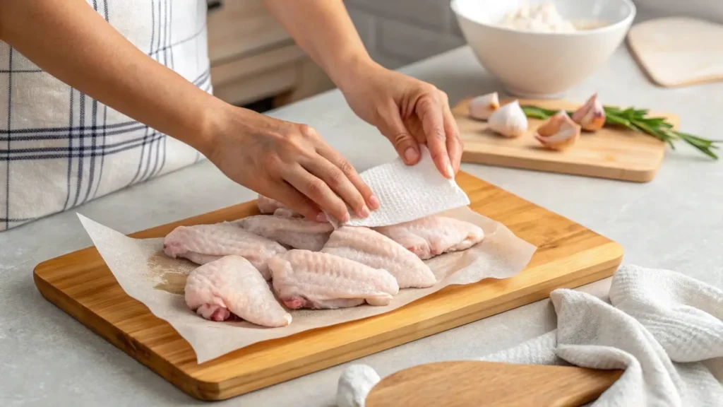 A Person Patting Raw Chicken Wings