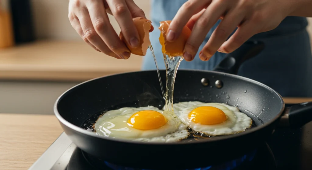 fried eggs, a man freeing eggs