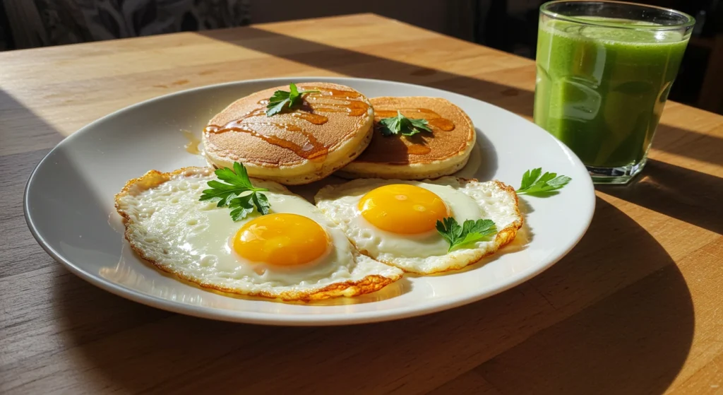 fried eggs and pancake green juice on wooden table